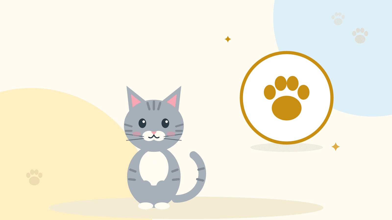 Gri tekir bir kedi oturuyor; yanında pati izi simgesi var