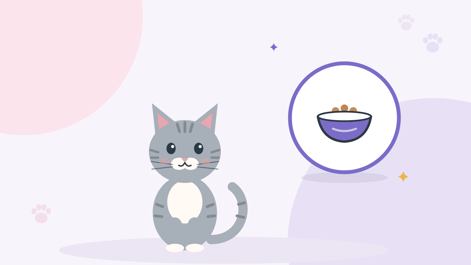 Gri tekir bir kedi oturuyor; yanında mama kabı simgesi var