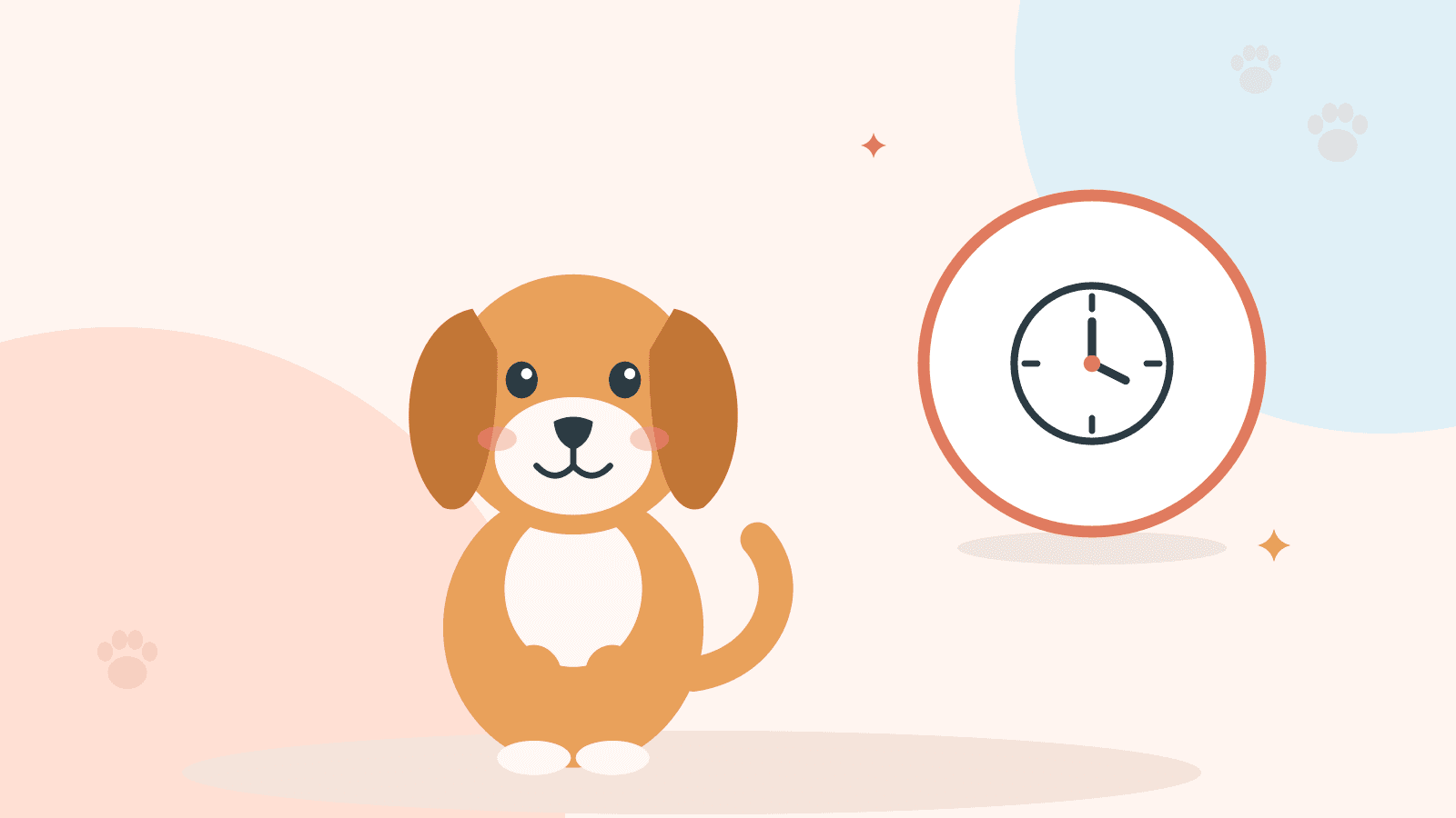Turuncu bir köpek oturuyor; yanında saat simgesi var