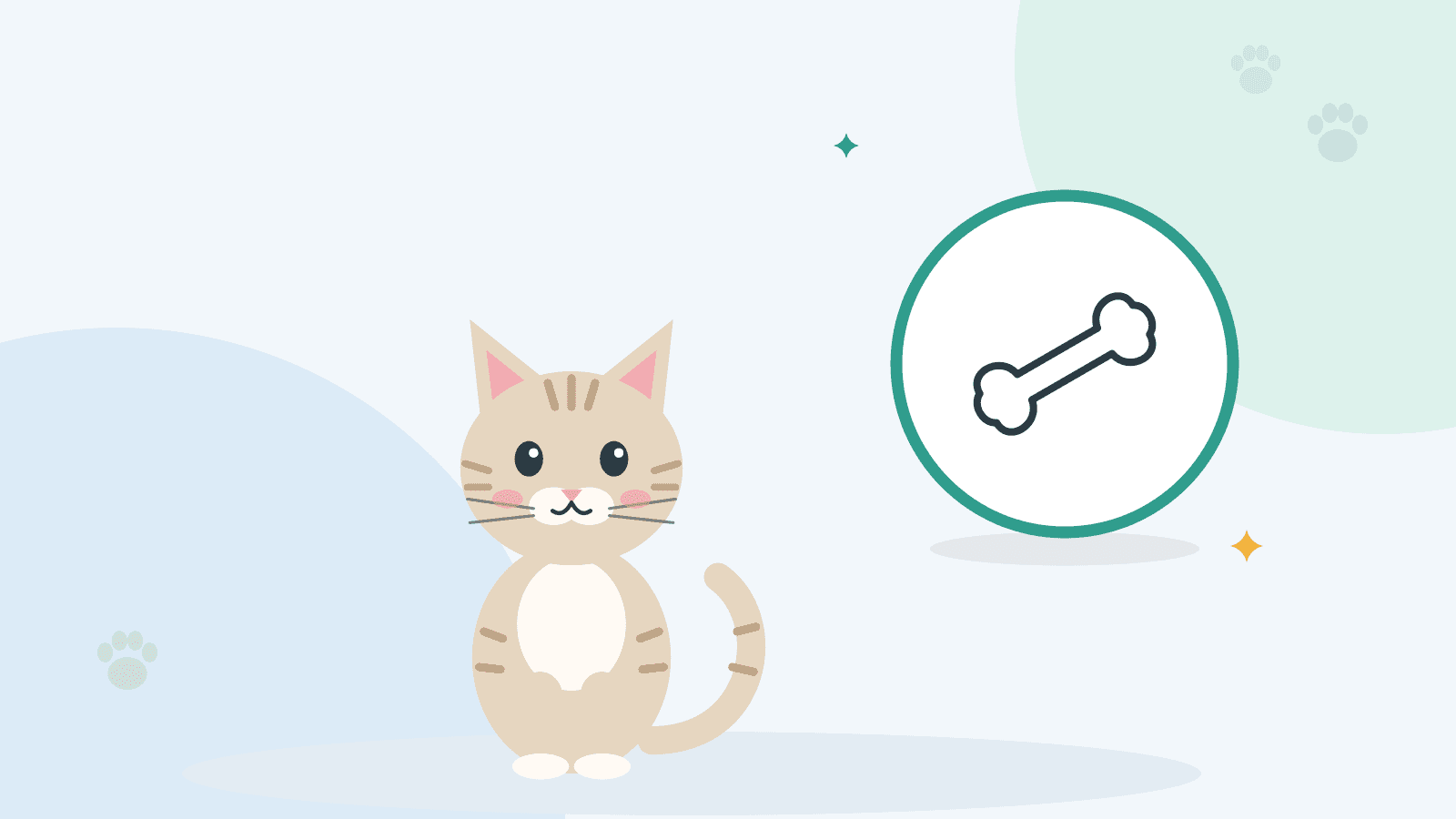 Krem rengi bir kedi oturuyor; yanında kemik simgesi var