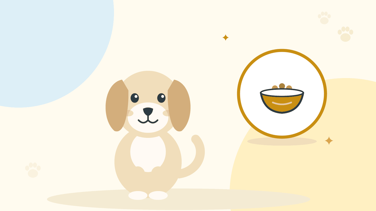Krem rengi bir köpek oturuyor; yanında mama kabı simgesi var