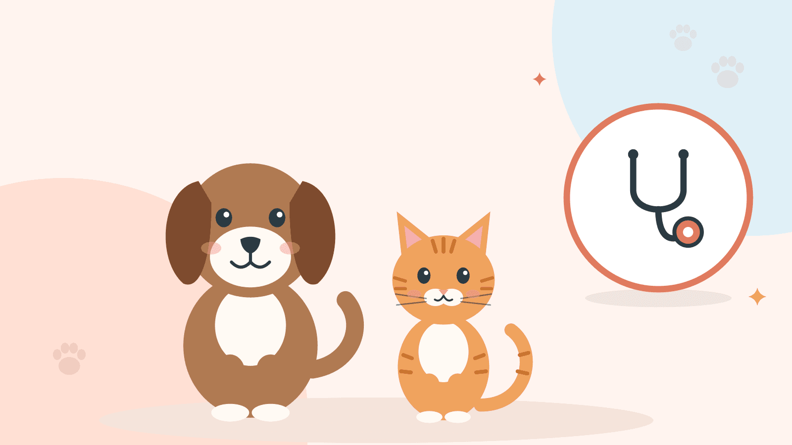 Kahverengi köpek ile turuncu tekir kedi yan yana oturuyor; yanlarında stetoskop simgesi var