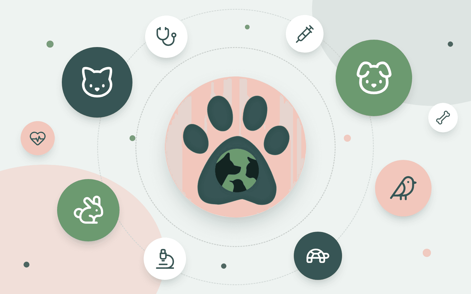 Zootopia Veteriner Kliniği pati logosu; çevresinde kedi, köpek, kuş, tavşan ve kaplumbağa ile stetoskop, şırınga ve mikroskop simgeleri